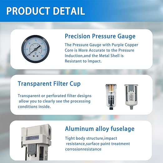 XingNEeng 1/4" NPT Compressed Air Filter Regulator Combo Piggyback, Water/Oil Trap Separator with Pressure Gauge(0-150 psi), Auto Drain, Poly Bowl, 5 Micron Brass Element, Metal Bracket