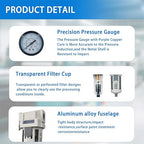 XingNEeng 1/4" NPT Compressed Air Filter Regulator Combo Piggyback, Water/Oil Trap Separator with Pressure Gauge(0-150 psi), Auto Drain, Poly Bowl, 5 Micron Brass Element, Metal Bracket