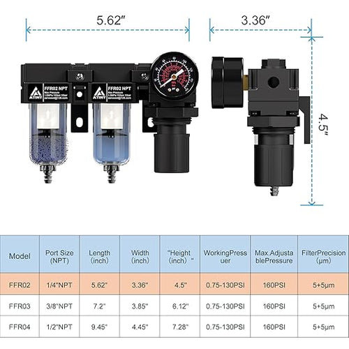 1/4" NPT Air Dryer for Compressor,Air Pressure Regulator Filter Combo,Air Compressor Filter Dryer,5 and 5 Micron Filter Cartridge,Semi-Auto Drain, Metal Bracket-Black