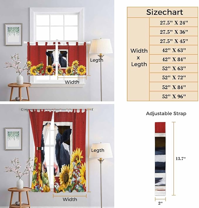 Cow Sunflowers Kitchen Curtains 24 Inch Length, Small Window Curtains Tab Top, Botanical Floral Leaves Bees Farm Barn Light Filtering Short Window Treatments Tier Drapes 27.5"x24" 2 Panel
