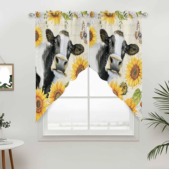 Yellow Sunflowers Swag Valances for Windows, Country Cow Flower Butterfly Farmhouse Cream Rod Pocket Kitchen Curtains Valance, Kitchen Window Curtains Swag for Cafe Living Room, 2 Panels, 36x63 inch