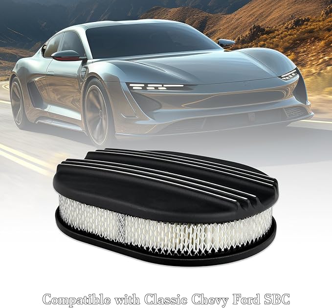 12" Air Cleaner Kit Oval Half Finned Black Aluminum Compatible with Classic Chevy Ford