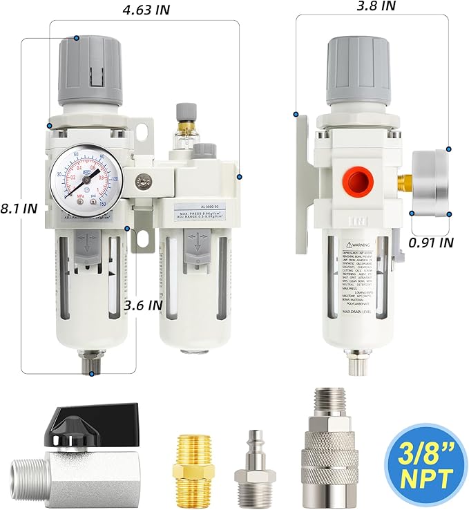 MEANLIN Air Compressor Moisture Filter, AC3010 Air Line Filter, 3/8" NPT Inlet with 150 PSI Gauge and Valve Shut Off Switch for Air Tools and Spray Paint Gun