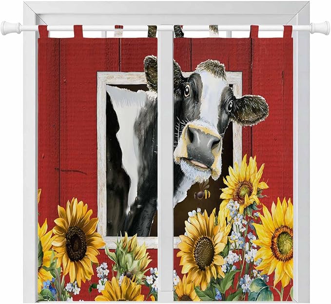 Cows Sunflowers Living Room Curtains 84 Inch Length, Window Curtains Tab Top, Spring Botanical Floral Bees Red Barn Light Filtering Window Treatments Drapes 42"x84" 2 Panel