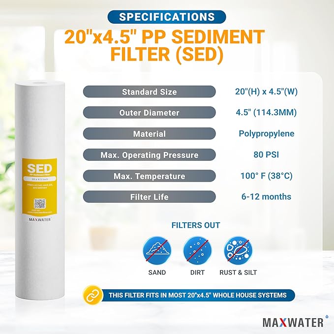 Max Water 1 Micron 20 x 4.5 Sediment Water Filter Cartridge - Whole House Water Filter Replacement Cartridge for Well Water System Compatible with DGD-5005-20, FP25B, AP810-2, FPMB5-20, 2-Pack