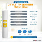 Max Water 5 Micron 20 x 4.5 Sediment Filter 20 inch Whole House BB Water Filteration System Replacement Compatible Cartridge DGD-5005-20, FP25B, AP810-6, FPMB5-20, P5-20, 155358-43, SDC-45-2005