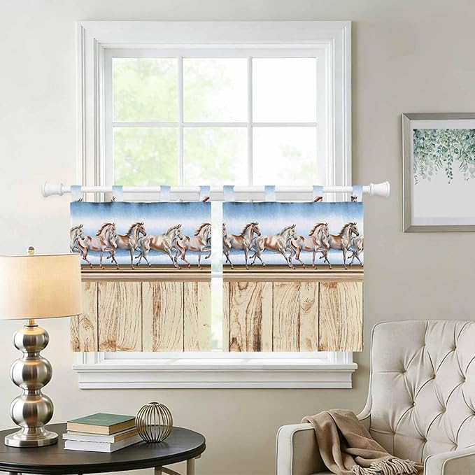Western Horse Kitchen Curtains 24 Inch Length, Small Window Curtains Tab Top, Farmhouse Wooden Grain Vintage Cowboy Barn Door Light Filtering Short Window Treatments Tier Drapes 27.5"x24" 2 Panel