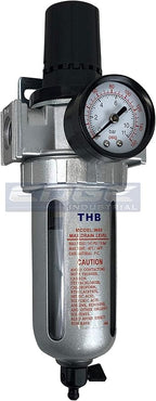 IN-LINE COMPRESSED AIR FILTER REGULATOR COMBO PIGGYBACK, POLY BOWL AND METAL BOWL GUARD, 5 MICRON ELEMENT, ADJUSTABLE FROM 7 TO 145 PSI (1/4" NPT)
