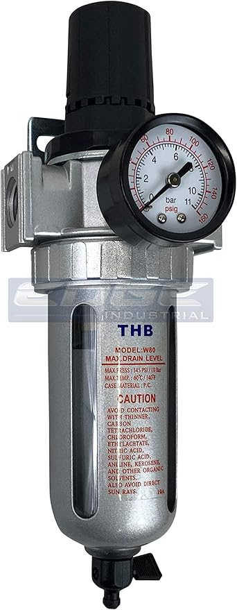 IN-LINE COMPRESSED AIR FILTER REGULATOR COMBO PIGGYBACK, POLY BOWL AND METAL BOWL GUARD, 5 MICRON ELEMENT, ADJUSTABLE FROM 7 TO 145 PSI (3/8" NPT)