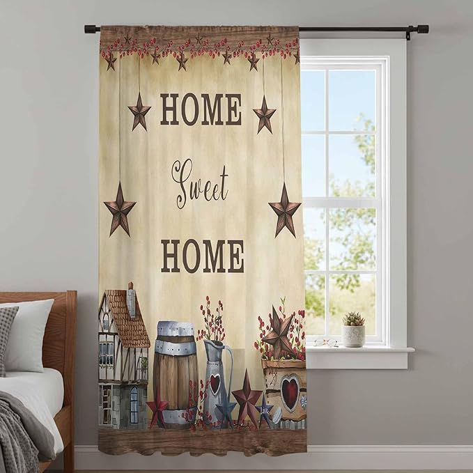 Farm Sheer Curtains 72 Inch Length American Country Barn Star Vintage Berry Brown Chiffon Curtain for Bedroom Living Room Light Filtering Rod Pocket Window Treatments Voile Curtains Drapes for Dining