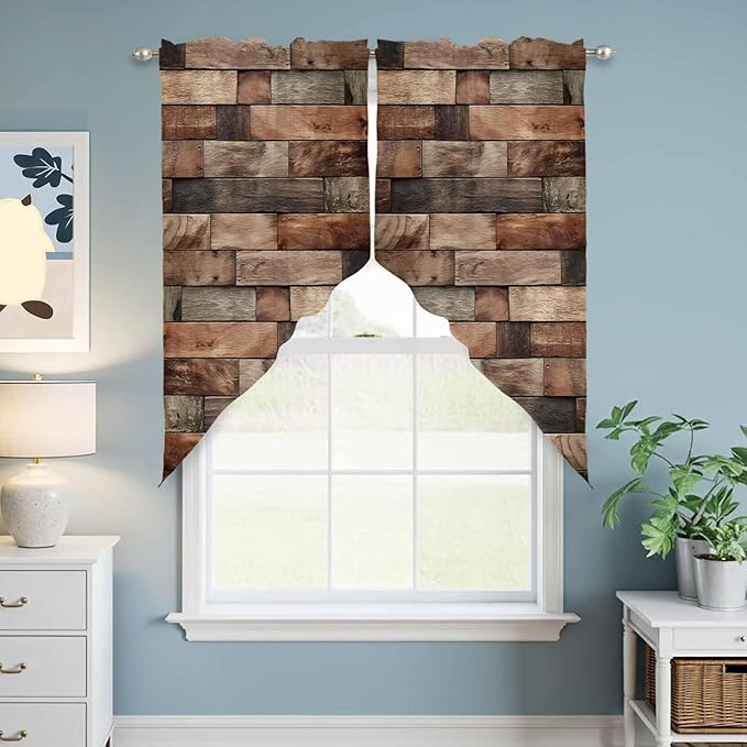 Western Barn Door Swag Valances for Windows, Vintage Farmhouses Wooden Door Brown Rod Pocket Kitchen Curtains Valance, Kitchen Window Curtains Swag for Cafe Bathroom Living Room, 2 Panels, 36x63 inch