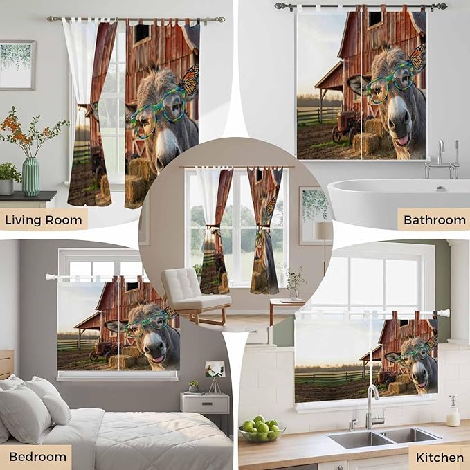 Farm Donkeys Kitchen Curtains 36 Inch Length, Small Window Curtains Tab Top, Farmhouse Barn Funny Animals Butterfly Light Filtering Short Window Treatments Tier Drapes 27.5"x36" 2 Panel