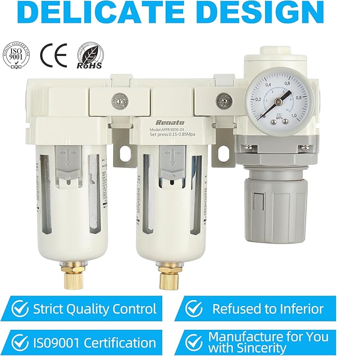 3/8" NPT Three Stage Air Drying System - 0.01 Micron Particulate Filter Air Pressure Regulator Combo - 0-125psi Gauge, Semi-Auto Drain, Metal Bracket