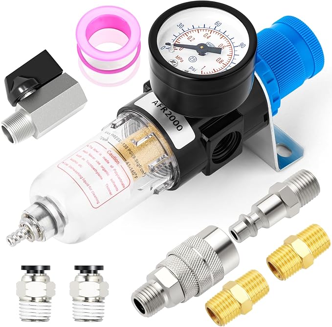 MEANLIN Air Compressor Moisture Filter, AFR2000 Air Line Filter, 1/4" NPT Inlet with 150 PSI Gauge and Valve Shut Off Switch for Air Tools and and Spray Paint Gun