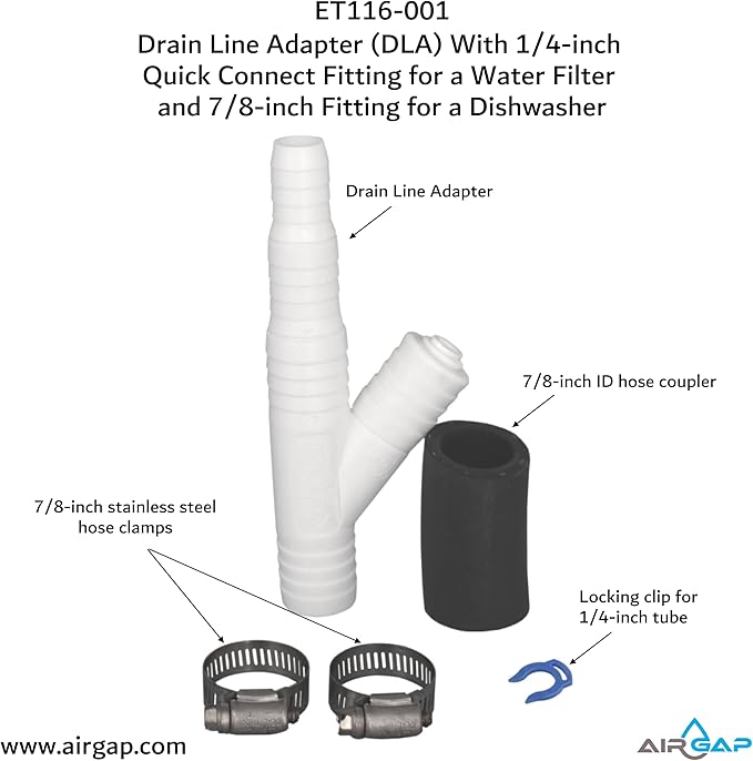 Drain Line Adapter (DLA) With 1/4-inch Quick Connect Fitting for a Water Filter and 7/8-inch Fitting for a Dishwasher (ET116-001, D-25QC, DLA-D)