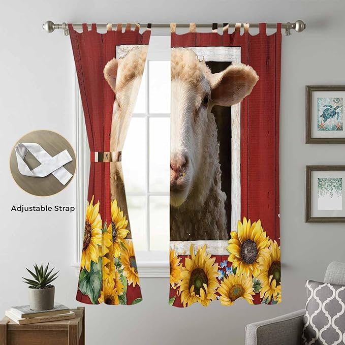 Sheep Sunflower Living Room Curtains 84 Inch Length, Window Curtains Tab Top, Country Red Farm Barn Spring Flowers Light Filtering Window Treatments Drapes 52"x84" 2 Panel