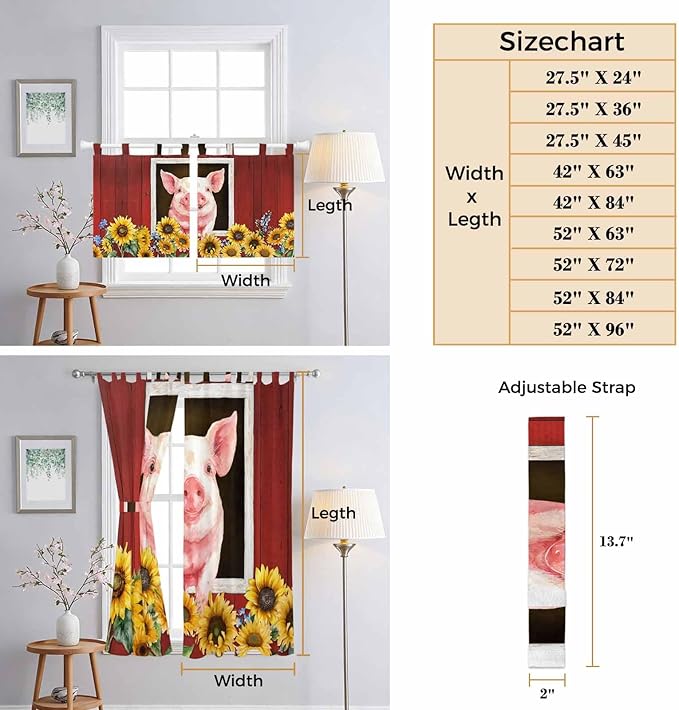 Pigs Sunflowers Kitchen Curtains 36 Inch Length, Small Window Curtains Tab Top, Farmhouse Red Barn Flowers Animals Light Filtering Short Window Treatments Tier Drapes 27.5"x36" 2 Panel