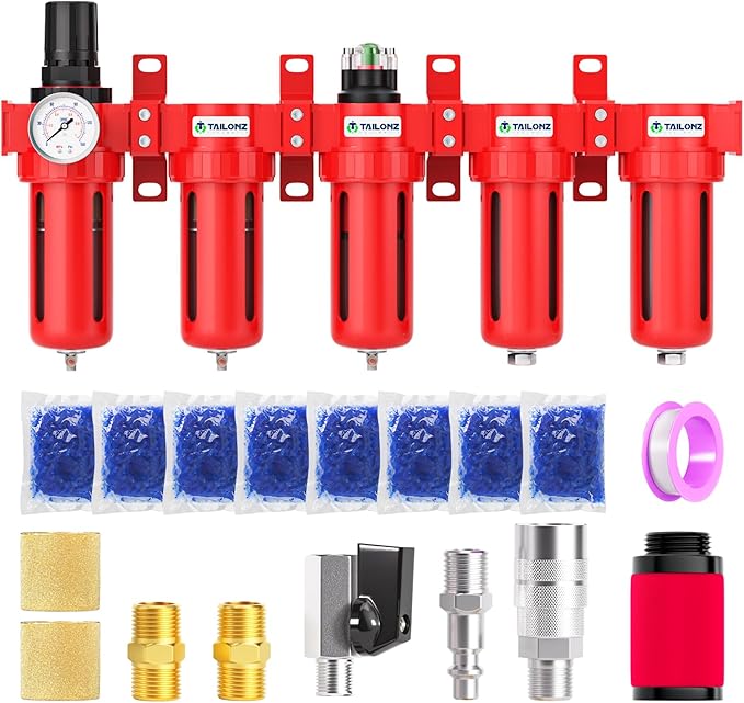 TAILONZ PNEUMATIC 0-150PSI 1/4 Inch NPT Red Industrial Grade 5 Stage Air Drying System, Particulate Filter, Coalescing Filter, Double Desiccant Dryer and Air Regulator (Manual Drainage)