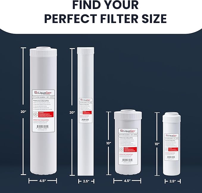 LiquaGen Activated Alumina + Carbon + KDF-55 Replacement Water Filter Cartridge – Helps Manage Fluoride, Chlorine & Taste, Refillable 2.5" x 10", 2.5" x 20", 4.5" x 10", 4.5" x 20" (1, 2.5" x 10")