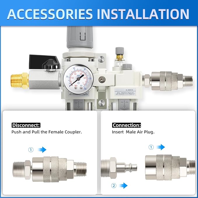 MEANLIN Air Compressor Moisture Filter, AC3010 Air Line Filter, 3/8" NPT Inlet with 150 PSI Gauge and Valve Shut Off Switch for Air Tools and Spray Paint Gun