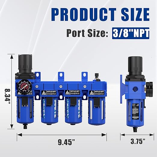 3/8" NPT Compressed Air Filter Regulator Lubricator Combo,Air Compressor Dryer Oil Water Separator,Brass Cartridge with Double Desiccant - Gauge(0-150 psi), Poly Bowl, Semi-Auto Drain, Bracket