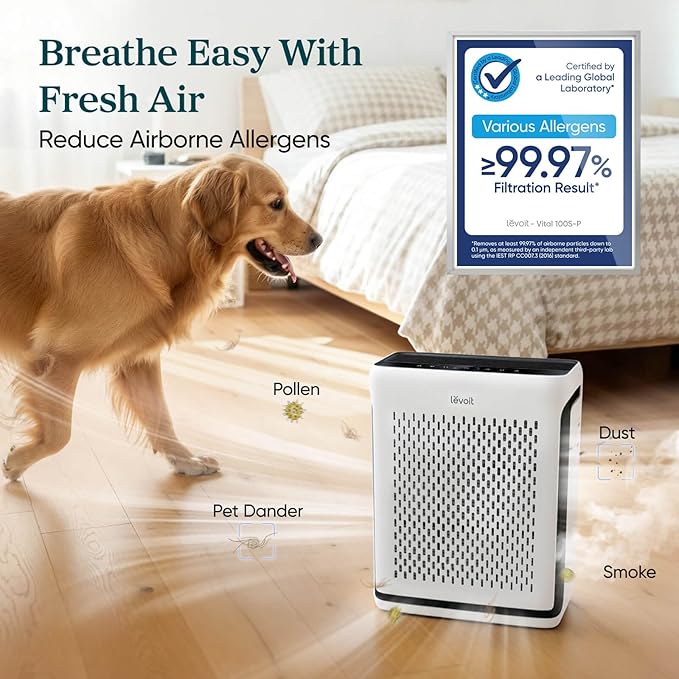 LEVOIT Air Purifier for Home Large Room Up to 1073Ft² with Air Quality Monitor, AHAM VERIFIDE, Smart WiFi, Washable Pre-Filter, HEPA Sleep Mode for Pets, Allergies, Dust, Pollen, Vital 100S-P, White