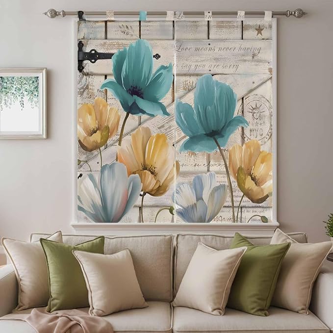 Watercolor Flowers Bedroom Curtains 72 Inch Length, Window Curtains Tab Top, Vintage Tulips Floral Barn Doors Wood Grain Light Filtering Window Treatments Drapes 52"x72" 2 Panel