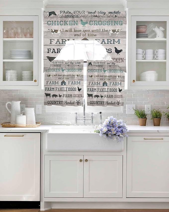 Farmhouse Swag Kitchen Curtains Valance and Tier Set, Green Black Barn Cow Pig Chicken Brown Wood Grain Light-Filtering Swag Valance 24 Inch Length, Rod Pocket Short Curtain for Bedroom Cafe
