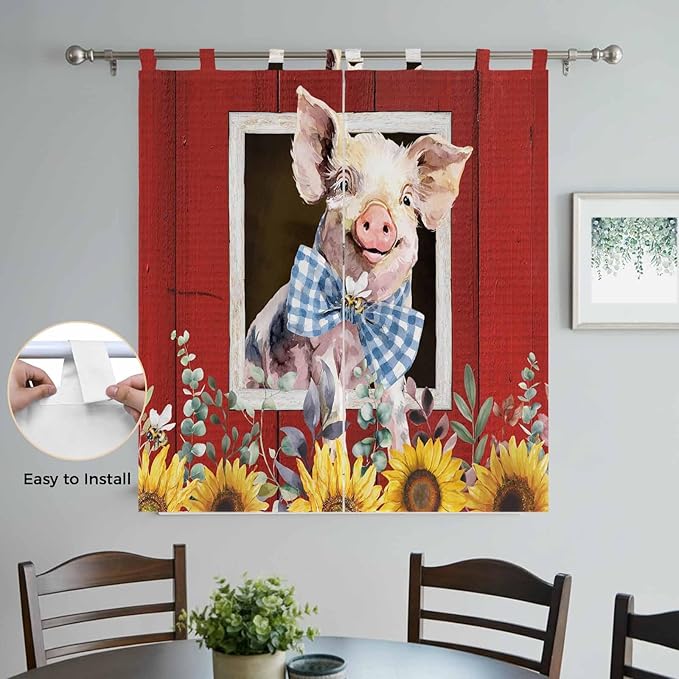 Pig Sunflowers Bathroom Curtains 63 Inch Length, Window Curtains Tab Top, Eucalyptus Leaves Floral Bees Red Barn Light Filtering Window Treatments Drapes 52"x63" 2 Panel