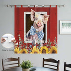 Pig Sunflowers Bathroom Curtains 63 Inch Length, Window Curtains Tab Top, Eucalyptus Leaves Floral Bees Red Barn Light Filtering Window Treatments Drapes 52"x63" 2 Panel