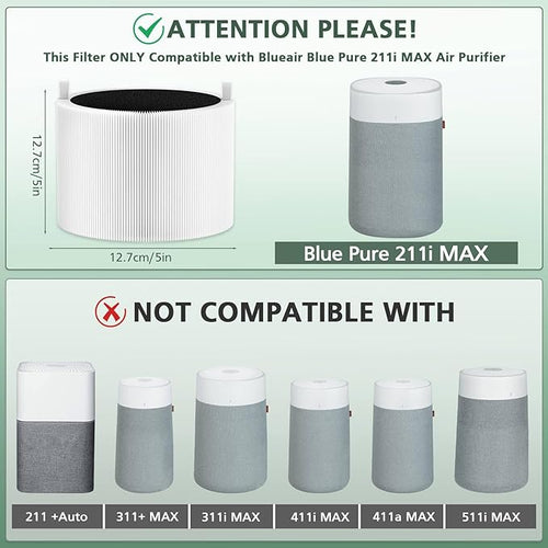 1 Pack 211i Max Replacement Fil-ter Compatible with BLUEAIR Blue Pure 211i Max Air Pur-ifier, Ture HEPA & Activated Carbon Replacement Fi-lter