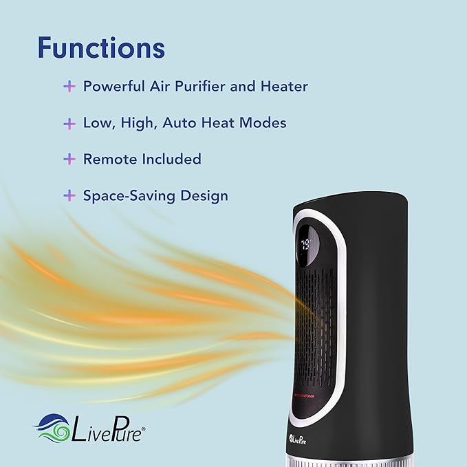 LivePure 3-in-1 LP500 Clean Heat Air Purifier & Electric Heater – Oscillating Portable Heater with 2 Heat Modes and Air Filtration – Heater for Indoor Use in Bedrooms, Home Office & Apartments, Black