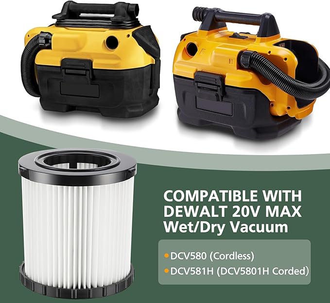 DCV581H DCV580H Vacuum Filter for DEWALT 20V MAX Shop Vac Cleaner Cordless and Corded Portable 2 Gallon Wet Dry Vacuum, Washable and Reusable Hepa Replacement Filter, 1 Pack