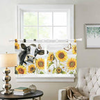 Retro Farmhouse Floral Kitchen Curtains 24 Inch Length, Small Window Curtains Tab Top, Yellow Sunflowers Cows Butterfly Wood Light Filtering Short Window Treatments Tier Drapes 27.5"x24" 2 Panel