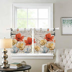 Retro Floral Kitchen Curtains 36 Inch Length, Small Window Curtains Tab Top, Red Yellow Tulips Barm Doors Farmhouse Wooden Light Filtering Short Window Treatments Tier Drapes 27.5"x36" 2 Panel