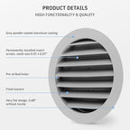 calimaero® WSGG 5" Inch Gray Round Metal Air Vent Grill Cover Flat Louver with Fly Screen Fits Only with Metal Ducts