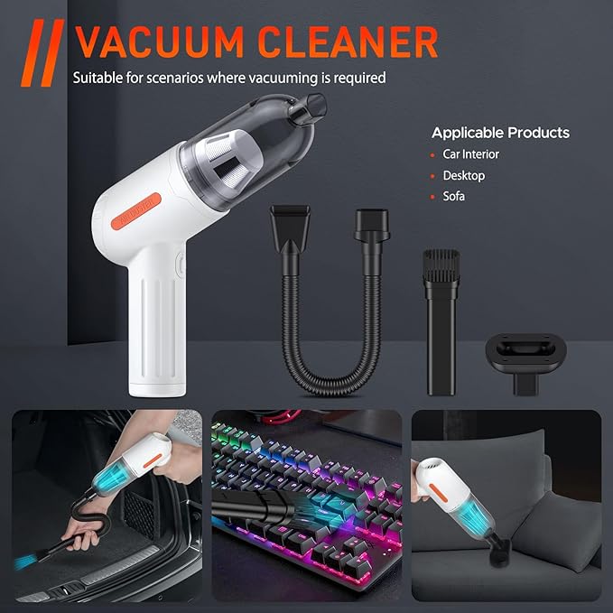 Reesibi 4 in 1 Powerful Compressed air Duster - 150000RPM Cordless Air Blower & 15KPA Car Vacuum Cleaner - Brushless Motor Electric Dust Blower with 3 Speed & 7600mAh Battery - Keyboard Cleaner Kit
