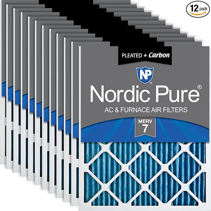 Nordic Pure 12x20x1 (Actual Size: 11 1/2 x 19 1/2 x 3/4) Pleated Air Filters MERV 7 Plus Carbon 12 Pack