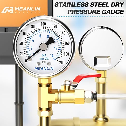 MEANLIN MEASURE 0~200Psi Dry Pressure Gauge Stainless Steel 1/4" NPT 2" FACE DIAL Waterproof for Air Compressor Air Regulator Water Filter Lower Mount, with 1/2" NPT and 3/8" NPT Hex Bushing