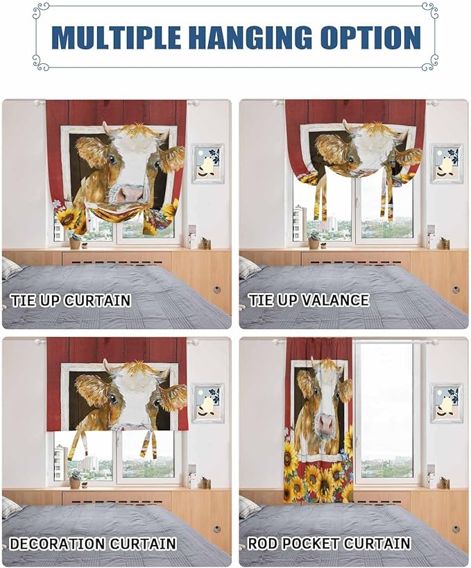 Tie Up Curtains for Windows, Cows Sunflowers Adjustable Balloon Nature Linen Textured Kitchen Curtain, Spring Floral Bees Farmhouse Barn Thermal Insulated Curtains for Window, 42" x 54"