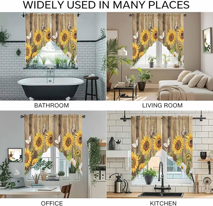 Farmhouse Sunflowers Swag Valances for Windows, Rustic Floral Buttterfly Wood Board Brown Rod Pocket Kitchen Curtains Valance, Kitchen Window Curtains Swag for Cafe Living Room, 2 Panels, 36x63 inch