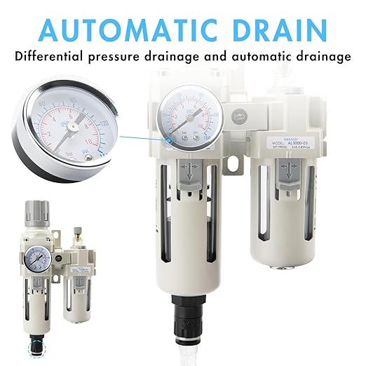 3/8" NPT Air Compressor Water Separator Regulator Filter Combo Compressed Air Filter Dryer Pressure Regulator with Gauge(0-150 psi) Poly Bowl Auto Drain Bracket - 3 in 1 Two Unit