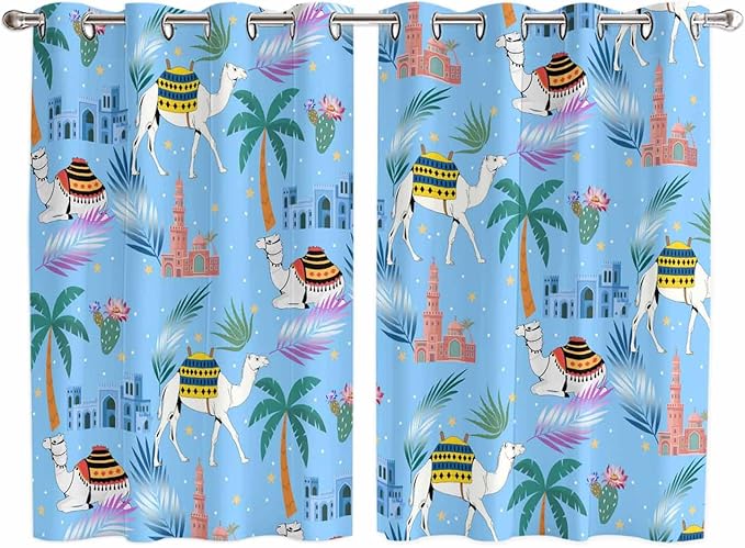 2 Panel Kitchen Cafe Curtains, Desert Landscape Sunlight Filtering Nature Air Through, Window Decor Tier Curtains for Living Room 104W x 63L inch Cute Camels Palm Trees Houses Leaves Blue