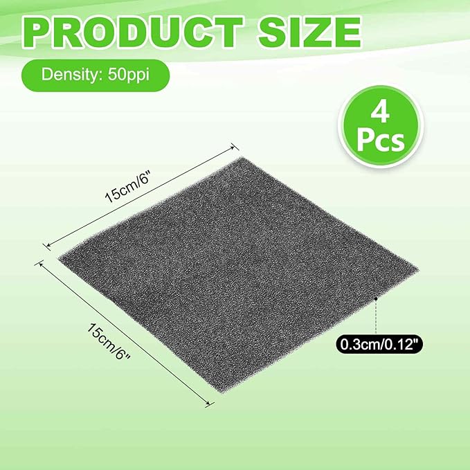 Fan Replacement Filters 4 Pcs Fan Filter Foam Sponge (6" x 6" x 0.12", 50ppi) - Breathable, Soft for Air Compressors Inverter Chassis Vacuum Cleaners