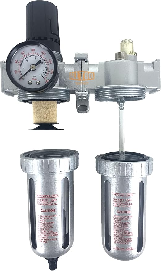 3/8" NPT Mid Flow Compressed Air In Line Filter Regulator Combo Piggyback, Poly Bowl And Metal Body, 5 Micron Element, Adjustable From 7 to 145 PSI (AUTO DRAIN)