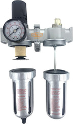 3/8" NPT Mid Flow Compressed Air In Line Filter Regulator Combo Piggyback, Poly Bowl And Metal Body, 5 Micron Element, Adjustable From 7 to 145 PSI (AUTO DRAIN)