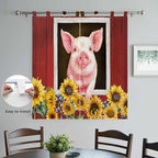 Pigs Sunflowers Bedroom Curtains 72 Inch Length, Window Curtains Tab Top, Farmhouse Red Barn Flowers Animals Light Filtering Window Treatments Drapes 52"x72" 2 Panel