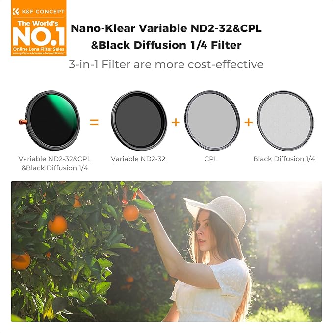 K&F CONCEPT 52mm Black Diffusion Mist Effect 1/4 & Variable ND2-32(1-5 Stops) & Circular Polarizing Filter CPL-in 1 Lens Filter with 18 Multi-Coatings for Camera Lenses (K-Series)