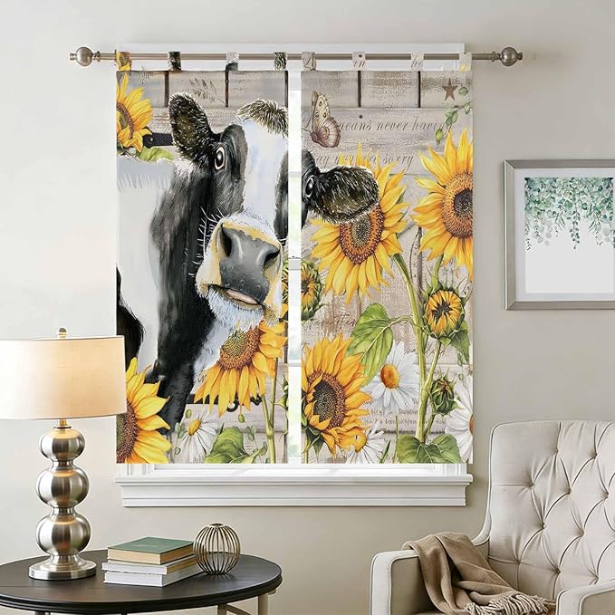Yellow Sunflowers Bedroom Curtains 72 Inch Length, Window Curtains Tab Top, Farmhouse Cow Barn Doors Floral Butterfly Light Filtering Window Treatments Drapes 52"x72" 2 Panel