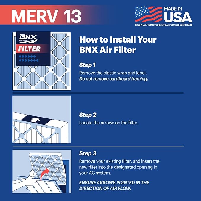 BNX TruFilter 14x14x1 Air Filter MERV 13 (4-Pack) - MADE IN USA - Electrostatic Pleated Air Conditioner HVAC AC Furnace Filters for Allergies, Pollen, Mold, Bacteria, Smoke, Allergen, MPR 1900 FPR 10